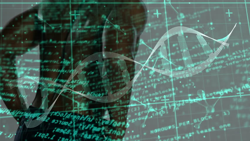 male athlete leaning forward in health tech studio, with DNA helix grid, code fragments. Fitness, technology, innovation, biomedical, science, digital, performance - Powered by Shutterstock - Get 15% off with code: PIKWIZARD15