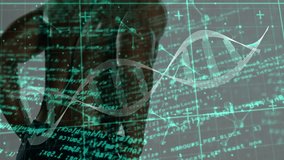 male athlete leaning forward in health tech studio, with DNA helix grid, code fragments. Fitness, technology, innovation, biomedical, science, digital, performance - Powered by Shutterstock - Get 15% off with code: PIKWIZARD15