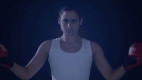 female boxer holding boxing gloves up in studio, with animated DNA helix spiraling over health tech. Athlete, fitness, futuristic, determination, strength, resilience, science - Powered by Shutterstock - Get 15% off with code: PIKWIZARD15