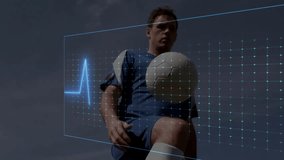 Male athlete balancing soccer ball on forehead showing neon magenta waveform and analytics overlays. Athlete, sports, futuristic, digital, performance, technology, analytics - Powered by Shutterstock - Get 15% off with code: PIKWIZARD15