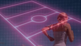 female runner wearing white earphones running in fitness technology demo, featuring neon pink grid. Athletic, dynamic, futuristic, digital, vibrant, motion, technology - Powered by Shutterstock - Get 15% off with code: PIKWIZARD15
