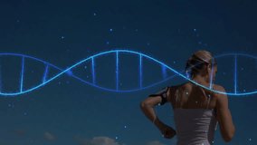 Woman jogging with animated DNA helix overlay under starry sky showcasing fitness technology. Athlete, outdoor, futuristic, motivation, health, dynamic, technology - Powered by Shutterstock - Get 15% off with code: PIKWIZARD15