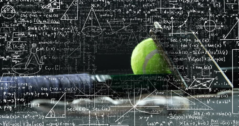 Flat design showing green tennis ball bouncing before chalkboard formulas, featuring racket handle. Technology, science, education, research, innovation, modern, conceptual