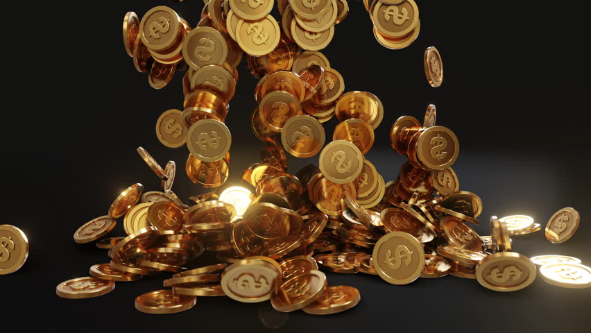 3D render of US dollar coins falling and piling up, symbolizing wealth, money, economy, or financial success in American currency.