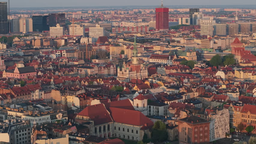 Panoramic view from the drone on the city Poznan during sunrise. Poland.