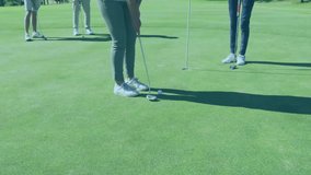Woman lining up putt on golf green, showing animated shot path and sports analytics icons. Athletes, leisure, outdoor, recreation, natural, serene, competition - Powered by Shutterstock - Get 15% off with code: PIKWIZARD15