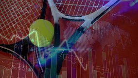 Tennis racket and tennis ball being animated, overlaying digital stock charts with world map dots. Sports equipment, technology, financial analysis, data visualization, digital interface, modern - Powered by Shutterstock - Get 15% off with code: PIKWIZARD15