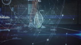 Female tennis player stepping forward swinging racket on court while sports analytics charts float. Athlete, sports, technology, futurism, fitness, competition, digital - Powered by Shutterstock - Get 15% off with code: PIKWIZARD15