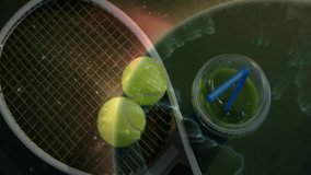 Flat design showing tennis racket holding yellow balls with red towel, smoothie cup on court. Sports, recreation, active lifestyle, fitness, outdoor, athletic, healthy - Powered by Shutterstock - Get 15% off with code: PIKWIZARD15