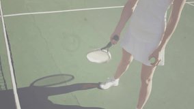 Female tennis player serving ball on hard court, showing technology network icons linking users. Athlete, sport, competition, connectivity, digital, modernization, fitness - Powered by Shutterstock - Get 15% off with code: PIKWIZARD15