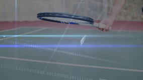 mature man swinging tennis racket on outdoor court, showcasing technology with binary code overlays. Athlete, sport, fitness, digital, innovation, modern, energetic - Powered by Shutterstock - Get 15% off with code: PIKWIZARD15