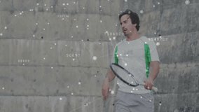 Mature man preparing tennis stroke against concrete wall, showing sports technology data overlay. Athletics, innovation, digital, urban, focus, fitness, modern - Powered by Shutterstock - Get 15% off with code: PIKWIZARD15