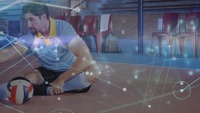 Male athlete stretching on volleyball court, with animated trajectory lines and training metrics. Athlete, fitness, training, sportswear, gymnasium, performance, motivation - Powered by Shutterstock - Get 15% off with code: PIKWIZARD15