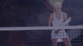 Female tennis player swinging racket at net, showing digital network overlay in sports tech demo. Athlete, sports, futuristic, technology, outdoor, action, connectivity - Powered by Shutterstock - Get 15% off with code: PIKWIZARD15