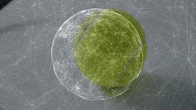 Black tennis racket leaning diagonally against yellow tennis ball, digital mesh overlay animating. Sports equipment, technology, minimalist, modern, innovation, athletic, digital - Powered by Shutterstock - Get 15% off with code: PIKWIZARD15