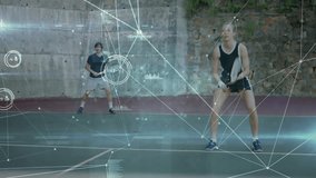 Two tennis players rallying on court boundary lines, showing holographic sports data overlays. Athletics, fitness, sport, futuristic, competition, outdoor, technology - Powered by Shutterstock - Get 15% off with code: PIKWIZARD15