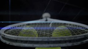 Tennis racket head hovering above three balls on reflective surface with binary code and grid lines. Futuristic, digital, technology, sports, abstract, high-tech, reflective - Powered by Shutterstock - Get 15% off with code: PIKWIZARD15