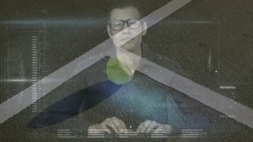 Man with glasses examining overlay on runway, with bar charts and alphanumeric code for technology. Futuristic, innovation, technology, data visualization, analytics, cyber, urban - Powered by Shutterstock - Get 15% off with code: PIKWIZARD15