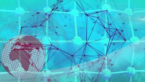 Stylized Earth globe rotating at left, 3D network of glowing nodes displaying dotted grid and code. Technology, connectivity, innovation, cyberspace, data visualization, digital network, futuristic - Powered by Shutterstock - Get 15% off with code: PIKWIZARD15