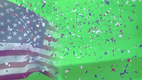 American flag waving on left side of studio, red white blue confetti floating across flat design. Patriotism, celebration, festive, patriotic, broadcast, multimedia, independence - Powered by Shutterstock - Get 15% off with code: PIKWIZARD15