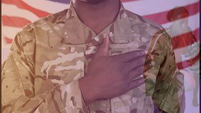 Soldier placing hand over heart during tech briefing, showing camouflage uniform with animated flag. Patriotism, service, discipline, dedication, authority, leadership, nationalism - Powered by Shutterstock - Get 15% off with code: PIKWIZARD15