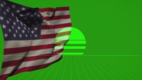 US flag waving across left half, glitching green ring overlaying junction, grid floor extending. Patriotic, digital, technology, abstraction, animation, graphics, modern - Powered by Shutterstock - Get 15% off with code: PIKWIZARD15