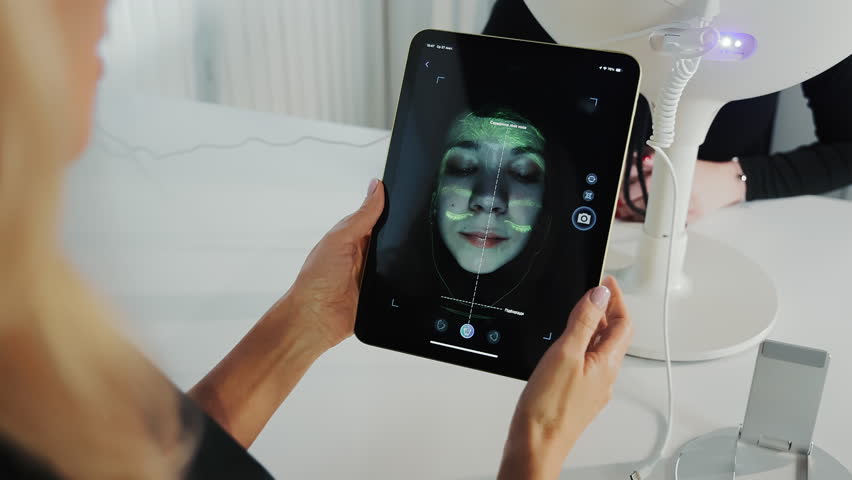 Digital skin analysis on tablet during facial diagnostics session, woman's face scanned with UV light to reveal skin condition and structure in cosmetic clinic