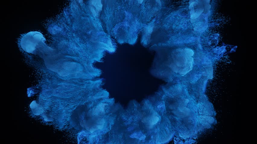 Vibrant blue explosion creates a color burst and paint cloud from a powder explosion, an abstract blast like an ink bloom showing fluid dynamics in a dynamic particle swirl. Seamless loop. 3D render - Powered by Shutterstock - Get 15% off with code: PIKWIZARD15