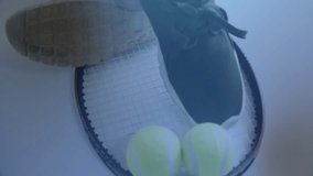 Modern tennis racket holding tennis ball over circuit-board in 3D, holographic targets projecting. Technology, innovation, sci-fi, virtual, futuristic, digital, sport - Powered by Shutterstock - Get 15% off with code: PIKWIZARD15