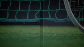 White curved field hockey stick resting on green turf, displaying futuristic HUD graphics. Sports equipment, technology, innovation, digital interface, athletic gear, futuristic, modern design - Powered by Shutterstock - Get 15% off with code: PIKWIZARD15