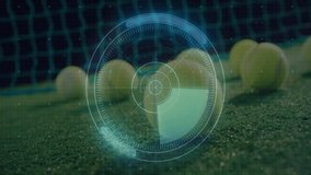 Yellow tennis balls scattering on green turf, showing radar overlay plus pie and bar chart data. Sports equipment, data analysis, visualization, digital interface, competitive, athletic, modern design - Powered by Shutterstock - Get 15% off with code: PIKWIZARD15