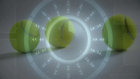 Tennis balls sitting on white tabletop in 3D render with digital HUD overlays highlighting tech. Sport equipment, futuristic, digital interface, minimalistic, technology, innovation, display - Powered by Shutterstock - Get 15% off with code: PIKWIZARD15