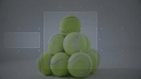 Green tennis ball pyramid hovering on grey table with animated HUD reticle and circuit lines. Sports equipment, digital interface, technology, gaming, futuristic, innovation, display - Powered by Shutterstock - Get 15% off with code: PIKWIZARD15