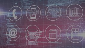 Eight circular tech icons being arranged in grid over purple code background with lens flares. Technology, digital, futuristic, interface, communication, data, networking - Powered by Shutterstock - Get 15% off with code: PIKWIZARD15