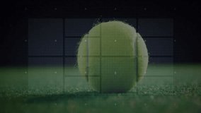 Tennis ball resting on grass turf, displaying HUD circular charts, bar graphs and circuit traces. Sports, technology, visualization, analytics, data, fitness, innovation - Powered by Shutterstock - Get 15% off with code: PIKWIZARD15