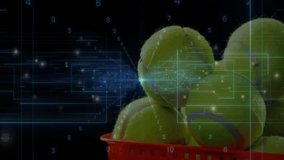 Tennis balls piling inside red basket, displaying digital grid and glowing nodes in 3D render. Cursor, data visualization, technology, digital interface, sports equipment, futuristic, innovation - Powered by Shutterstock - Get 15% off with code: PIKWIZARD15