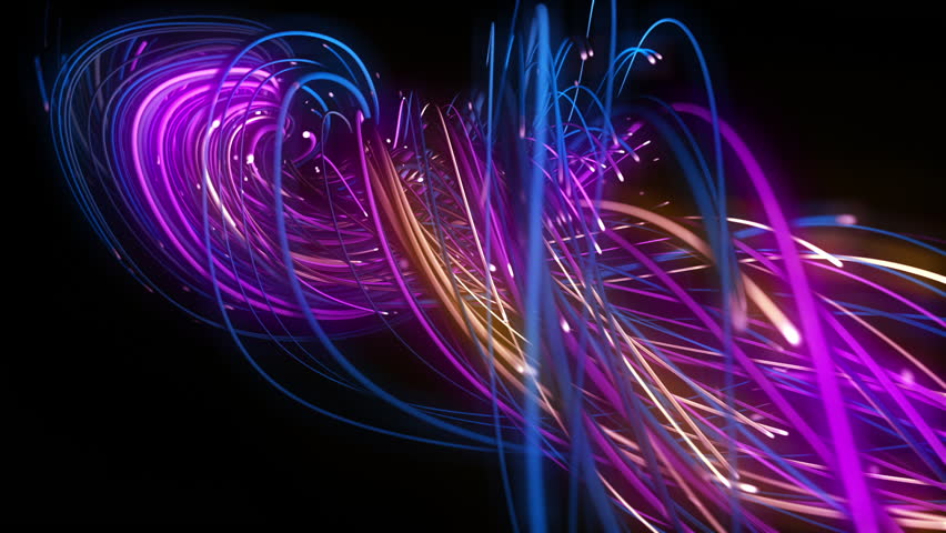Vibrant and energetic abstract background with dynamic swirling strings of neon light in shades of pink, blue, and gold on a dark backdrop. Futuristic energy beams concept
