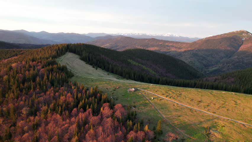 Aerial image of stunning Ukrainian landscape at sunrise, with rolling hills covered in forests. Solitary cabin sits near winding path, with distant snow-capped mountains enhancing picturesque scene.