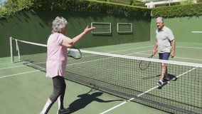 senior man and woman greeting across tennis net on court, showing animated rackets and health chart. Fitness, wellness, friendship, vitality, outdoor, activity, leisure - Powered by Shutterstock - Get 15% off with code: PIKWIZARD15