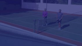 Senior couple holding racket with ball on tennis court, overlay showing encrypted data transfer. Athletic, outdoor, vibrant, technology, collaboration, leisure, modern - Powered by Shutterstock - Get 15% off with code: PIKWIZARD15
