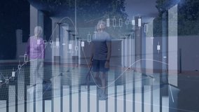 Senior couple standing on tennis court, showing animated finance bar charts and line graphs. Athletic, active, vibrant, dynamic, health, fitness, technology - Powered by Shutterstock - Get 15% off with code: PIKWIZARD15