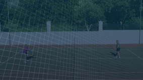 Senior man swinging racket, senior woman returning serve on court, overlaying green finance graph. Interactive, analytical, vibrant, recreational, outdoor, health, social - Powered by Shutterstock - Get 15% off with code: PIKWIZARD15