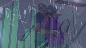 Senior man and senior woman hugging on tennis court, displaying financial charts and data overlays. Athletic, connection, vitality, innovation, wellness, teamwork, digital - Powered by Shutterstock - Get 15% off with code: PIKWIZARD15