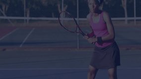 female tennis player swinging racket on tennis court, highlighting tech code overlay with errors. Athletic, sport, digital, technology, outdoor, fitness, urban - Powered by Shutterstock - Get 15% off with code: PIKWIZARD15