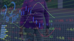 Senior woman crossing arms behind data panel in finance studio, with animated stock market visuals. Financial analytics, technology, data visualization, professional environment, contemporary design, - Powered by Shutterstock - Get 15% off with code: PIKWIZARD15