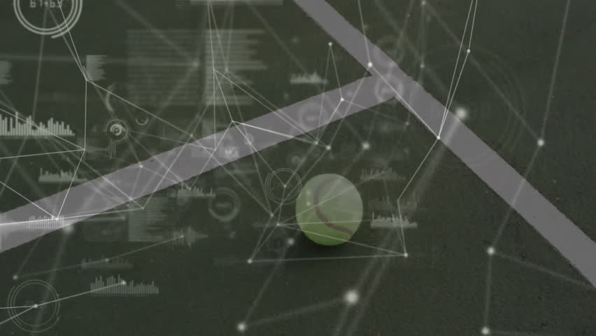 Tennis ball resting on court, featuring digital overlay with network nodes and charts. Sport, technology, data, analysis, digital, visualization, connectivity - Powered by Shutterstock - Get 15% off with code: PIKWIZARD15
