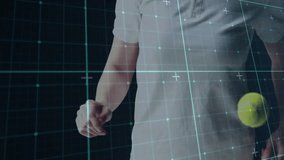 Female tennis player holding racket and ball in sports lab, data lines animating grid overlay. Athlete, sports, technology, fitness, innovation, training, dynamic - Powered by Shutterstock - Get 15% off with code: PIKWIZARD15