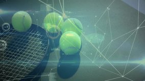 Five neon tennis balls gliding near tennis racket head across court showing digital network overlay. Sport, technology, digital, fitness, analytics, innovation, performance - Powered by Shutterstock - Get 15% off with code: PIKWIZARD15