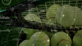Animated 3D render showing cluster of green tennis balls aligning with network nodes overlay. Sports equipment, innovation, digital interface, data visualization, analytics, technology, connectivity - Powered by Shutterstock - Get 15% off with code: PIKWIZARD15