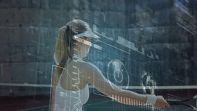 female tennis player swinging racquet near net showcasing tech with HUD charts and world map. Athlete, sport, competition, modern, futuristic, digital, energetic - Powered by Shutterstock - Get 15% off with code: PIKWIZARD15